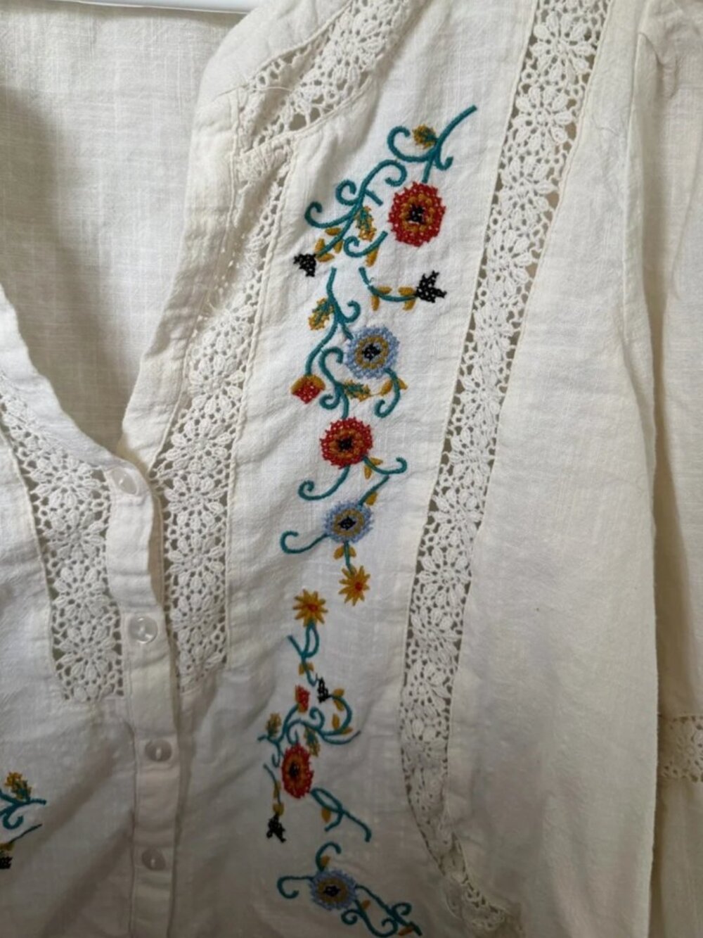 Jennifer & Grace Embroidered Boho Peasant Blouse XL Cream Cottagecore Top - Picture 3 of 5